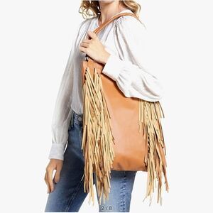 NWT AREA Stars Fringe Faux Leather HOBO Bag, 17"x12.5"X4", Light Brown C…